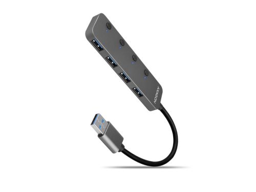 HUB AXAGON HUE-MSA 4x USB3.2 Gen 1 SWITCH, fém, micro USB táp bemebet, 20cm USB-A kábel