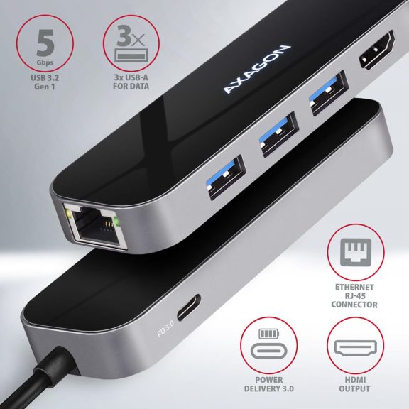 Axagon HMC-6GL USB-C 6 az 1-ben hub, HDMI 4K, Gigabit LAN, PD 100W, alumínium
