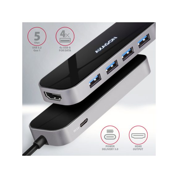 HUB AXAGON HMC-6H4A SuperSpeed USB-C COMBO 6in1 hub Fekete/szürke