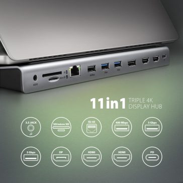   Axagon HMC-4KX3 USB-C hub, 11 az 1-ben, három 4K kijelző, Gigabit Ethernet, PD 100W
