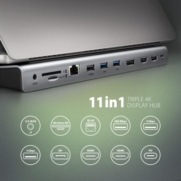 Axagon HMC-4KX3 USB-C hub, 11 az 1-ben, három 4K kijelző, Gigabit Ethernet, PD 100W