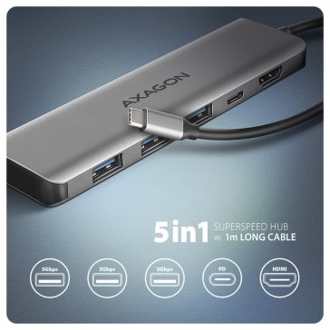   Axagon HMC-5H USB-C hub, 5 az 1-ben, HDMI 4K, Power Delivery, alumínium