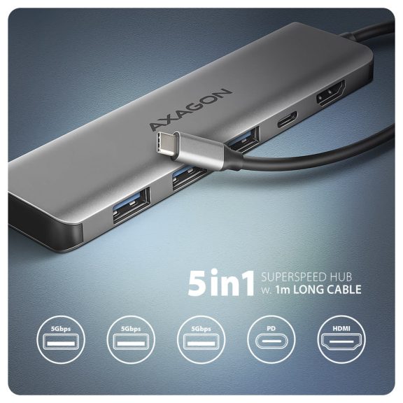 Axagon HMC-5H USB-C hub, 5 az 1-ben, HDMI 4K, Power Delivery, alumínium