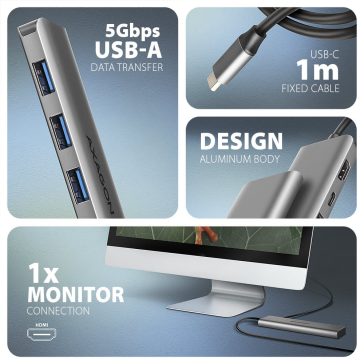   Axagon HMC-5H USB-C hub, 5 az 1-ben, HDMI 4K, Power Delivery, alumínium