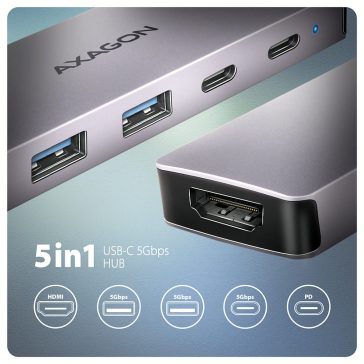   Axagon HMC-5H60 USB-C hub, 5 az 1-ben, HDMI 4K60Hz, Power Delivery, szürke