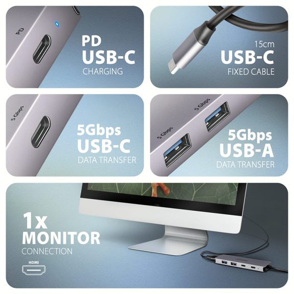 Axagon HMC-5H60 USB-C hub, 5 az 1-ben, HDMI 4K60Hz, Power Delivery, szürke
