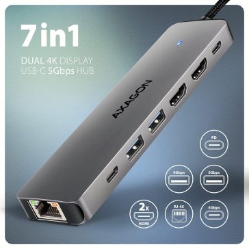   Axagon HMC-7HX2 USB-C hub, Dual 4K HDMI, PD 100W, Gigabit LAN, alumínium