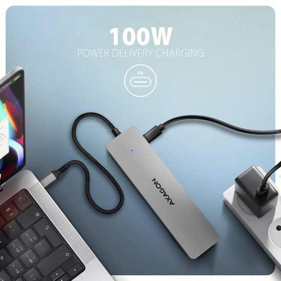 Axagon HMC-7HX2 USB-C hub, Dual 4K HDMI, PD 100W, Gigabit LAN, alumínium