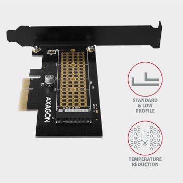   Axagon PCEM2-N PCIe NVMe M.2 adapter, PCIe x4, alacsony profil tartóval, fekete