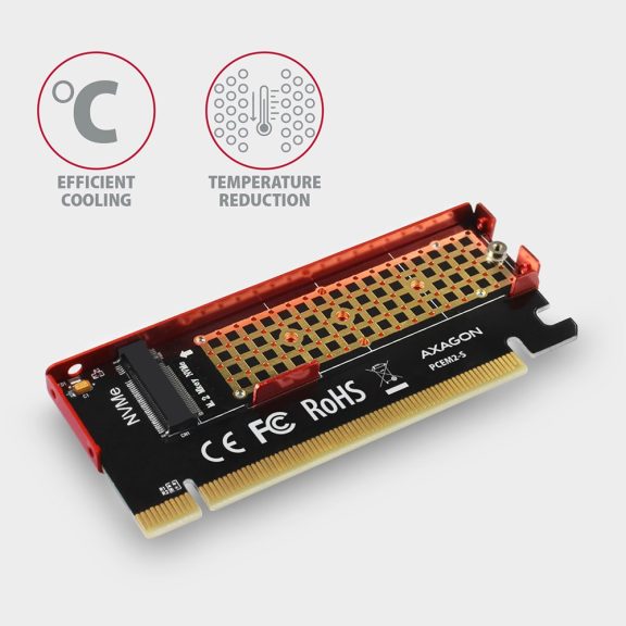 AXAGON PCEM2-S PCIe NVMe M.2 SSD adapter, 4 PCIe sáv, x16 foglalat, alumínium hűtés, piros