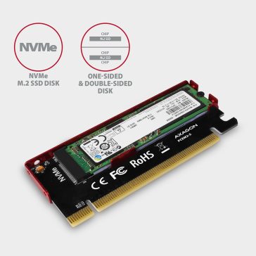   AXAGON PCEM2-S PCIe NVMe M.2 SSD adapter, 4 PCIe sáv, x16 foglalat, alumínium hűtés, piros