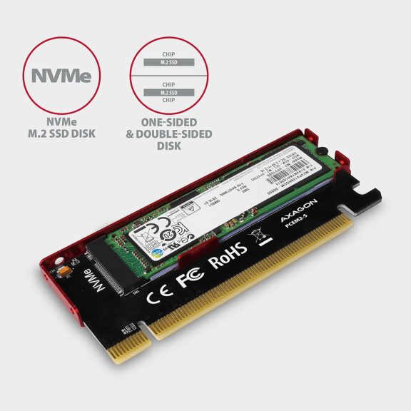 AXAGON PCEM2-S PCIe NVMe M.2 SSD adapter, 4 PCIe sáv, x16 foglalat, alumínium hűtés, piros