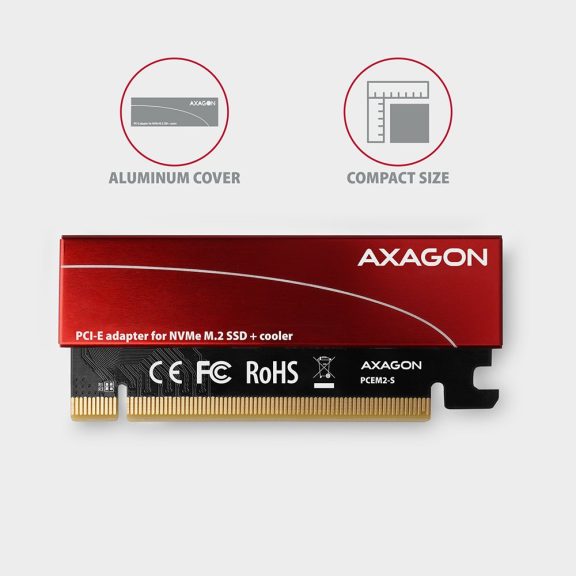 AXAGON PCEM2-S PCIe NVMe M.2 SSD adapter, 4 PCIe sáv, x16 foglalat, alumínium hűtés, piros