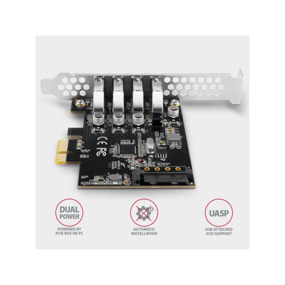 I/O bővítőkártya Axagon PCEU-43RS PCIE CONTROLLER 4x USB 3.2 gen1, UASP, LP.
