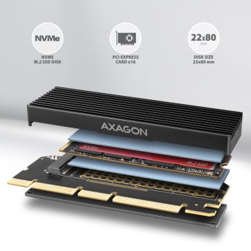   Axagon PCEM2-XS PCIe NVMe M.2 adapter, alumínium hűtőbordával, PCIe x16, fekete