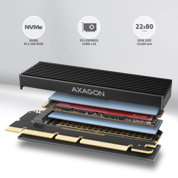 Axagon PCEM2-XS PCIe NVMe M.2 adapter, alumínium hűtőbordával, PCIe x16, fekete