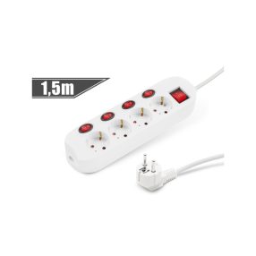   Hálózati elosztó Hosszabbító 1.5m 4-es 4+1 kapcsoló, 250V/16A fehér
