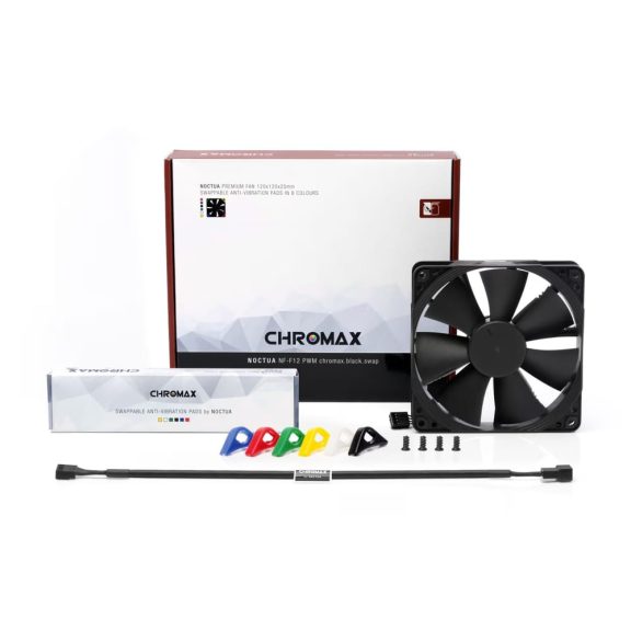Noctua NF-F12 PWM chromax.black.swap nyomásoptimalizált ventilátor, 12 cm, Focused Flow keret, cserélhető rezgéscsillapítók, fekete - NF-F12-PWM-CH-BK-S