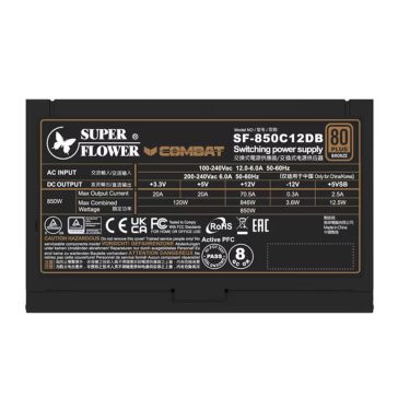   Super Flower Combat DB tápegység, 850 W, ATX 3.1, 80 Plus Bronze, 120 mm ventilátor, fekete - SF-850C12DB