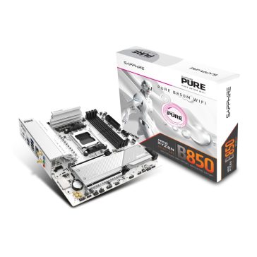 Sapphire PURE B850M WIFI fehér micro-ATX alaplap AMD AM5 foglalattal, DDR5 támogatással és WiFi 6 funkcióval