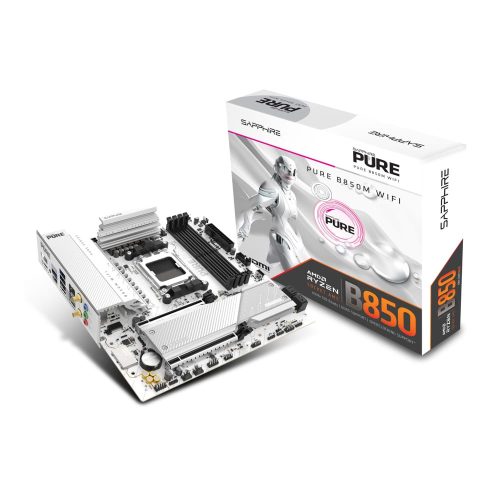 Sapphire PURE B850M WIFI fehér micro-ATX alaplap AMD AM5 foglalattal, DDR5 támogatással és WiFi 6 funkcióval