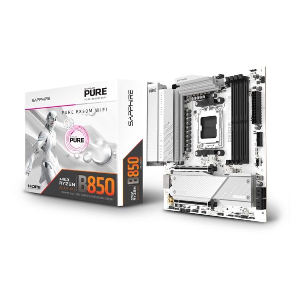 Sapphire PURE B850M WIFI fehér micro-ATX alaplap AMD AM5 foglalattal, DDR5 támogatással és WiFi 6 funkcióval