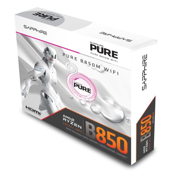 Sapphire PURE B850M WIFI fehér micro-ATX alaplap AMD AM5 foglalattal, DDR5 támogatással és WiFi 6 funkcióval