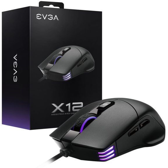 EVGA X12 gamer egér fekete színben, két szenzorral és RGB világítással.