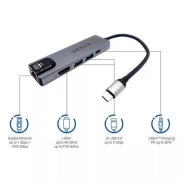   TESLA MP80 többfunkciós USB elosztó, 5 az 1-ben, 4K HDMI, gigabites LAN, alumínium