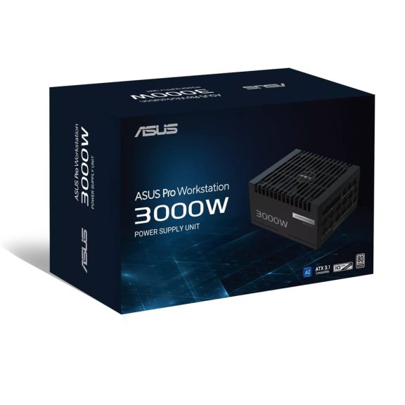 ASUS Pro WS 3000W Platinum professzionális 80 Plus Platinum tápegység, 3000W teljesítménnyel és ATX 3.1 támogatással.