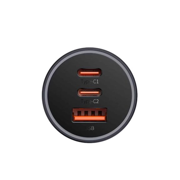 Baseus Golden Contactor Pro GaN autós gyorstöltő, 65W, USB-A, 2x USB-C, szürke