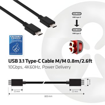   Club3D USB Type-C 3.1 Gen 2 kábel 1.0 m, 4K60Hz, 10Gbps, PD 100 W - CAC-1522