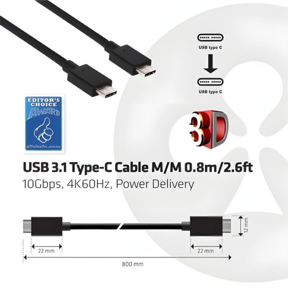 Club3D USB Type-C 3.1 Gen 2 kábel 1.0 m, 4K60Hz, 10Gbps, PD 100 W - CAC-1522