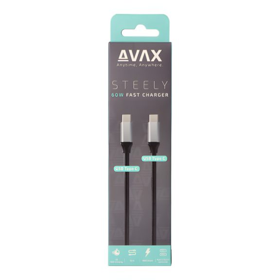 AVAX Steely USB Type-C gyorstöltő kábel 1.5 m, 60 W, 3 A, acélszürke - CB302G