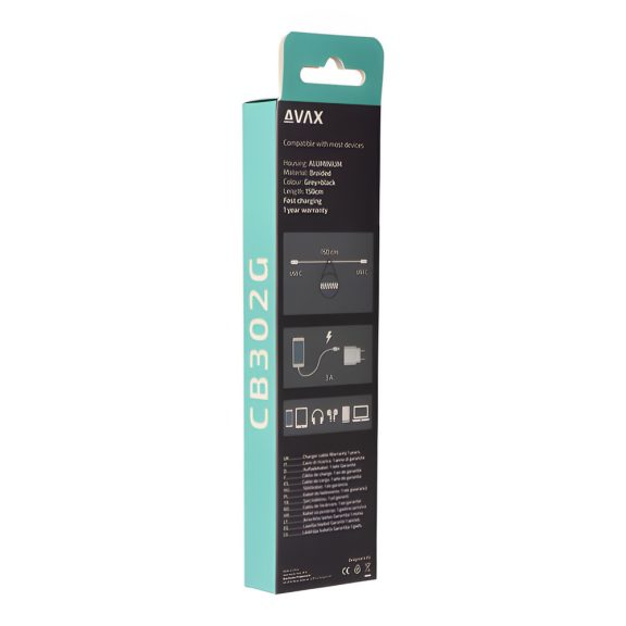 AVAX Steely USB Type-C gyorstöltő kábel 1.5 m, 60 W, 3 A, acélszürke - CB302G