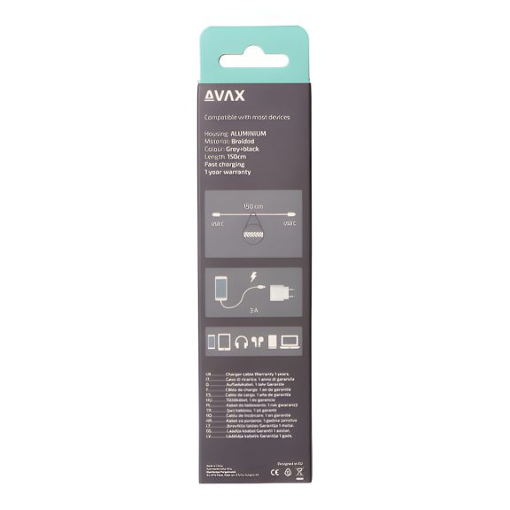 AVAX Steely USB Type-C gyorstöltő kábel 1.5 m, 60 W, 3 A, acélszürke - CB302G