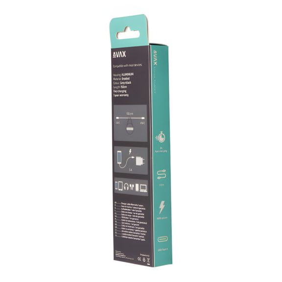 AVAX Steely USB Type-C gyorstöltő kábel 1.5 m, 60 W, 3 A, acélszürke - CB302G