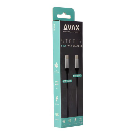 AVAX Steely USB Type-C gyorstöltő kábel 1.5 m, 60 W, 3 A, acélszürke - CB302G