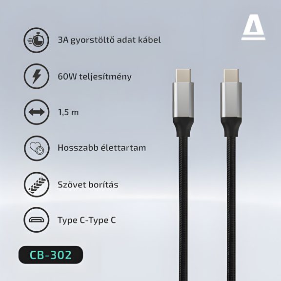 AVAX Steely USB Type-C gyorstöltő kábel 1.5 m, 60 W, 3 A, acélszürke - CB302G
