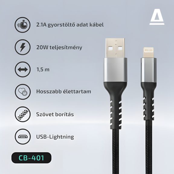 AVAX Steely USB-A - Lightning gyorstöltő kábel, 1.5m, 20 W, acélszürke - CB401G
