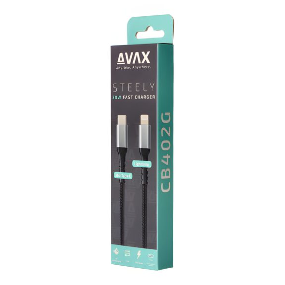 AVAX Steely USB Type-C - Lightning gyorstöltő kábel, 1.5m, 27W, acélszürke - CB402G