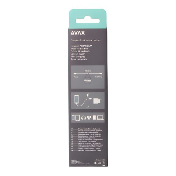 AVAX Steely USB Type-C - Lightning gyorstöltő kábel, 1.5m, 27W, acélszürke - CB402G