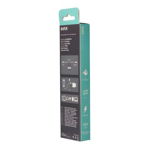AVAX Steely USB Type-C - Lightning gyorstöltő kábel, 1.5m, 27W, acélszürke - CB402G