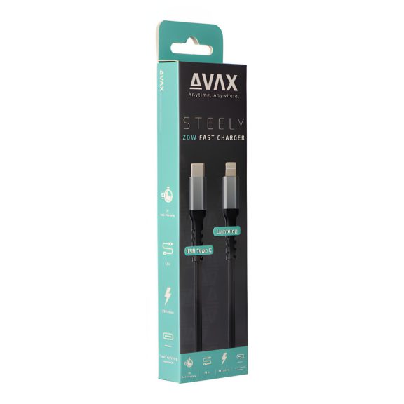 AVAX Steely USB Type-C - Lightning gyorstöltő kábel, 1.5m, 27W, acélszürke - CB402G