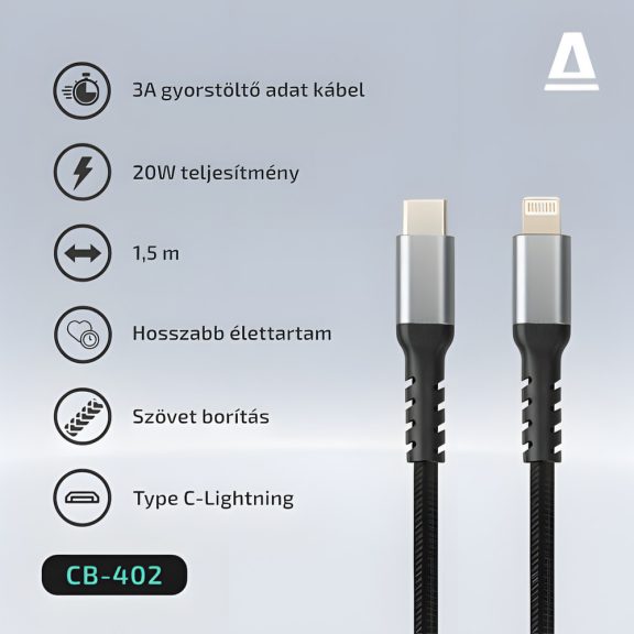 AVAX Steely USB Type-C - Lightning gyorstöltő kábel, 1.5m, 27W, acélszürke - CB402G