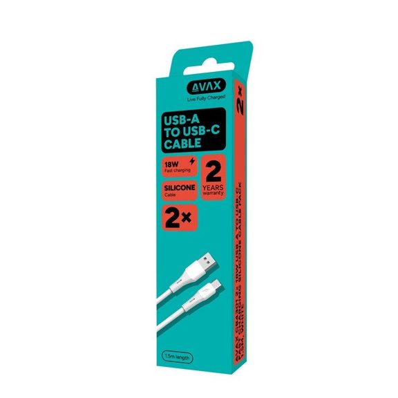 AVAX CB4301 2x 18W USBA–USBC gyorstöltő szilikon kábelcsomag, fehér - 1,5m