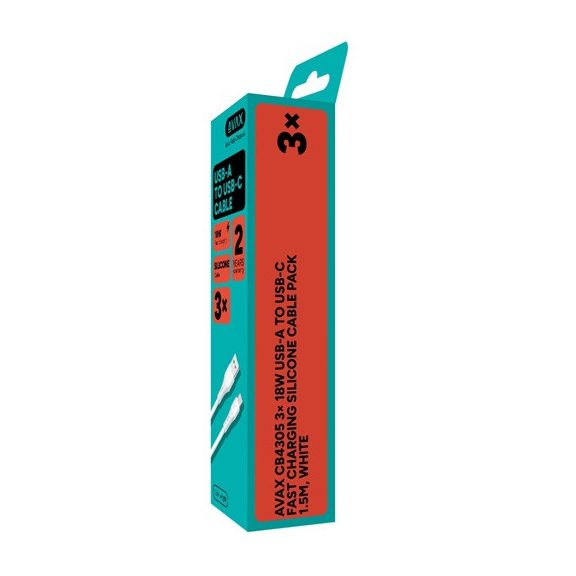 AVAX CB4305 3x 18W USBA–USBC gyorstöltő szilikon kábel szett, fehér - 1,5m