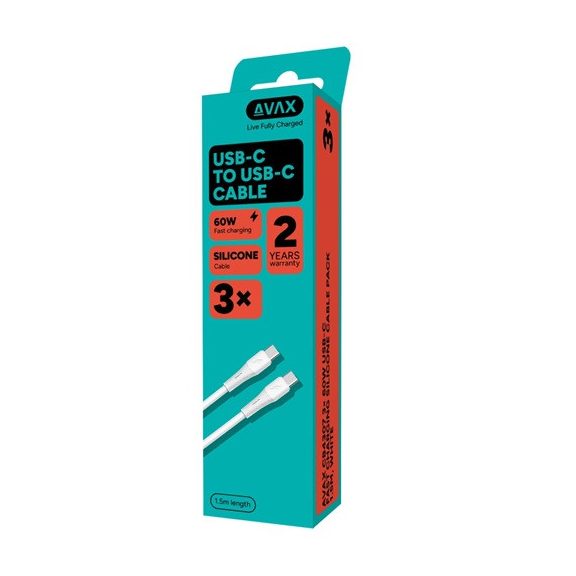 AVAX CB4307 3x 60W USBC gyorstöltő szilikon kábel szett, fehér - 1,5m