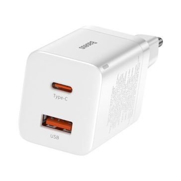   Baseus Super Si Pro hálózati gyorstöltő 30W, USB Type-C + USB Type-A, fehér