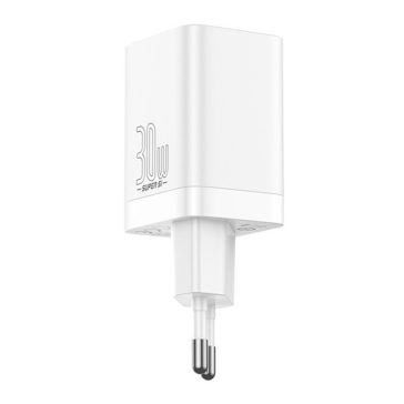   Baseus Super Si Pro hálózati gyorstöltő 30W, USB Type-C + USB Type-A, fehér